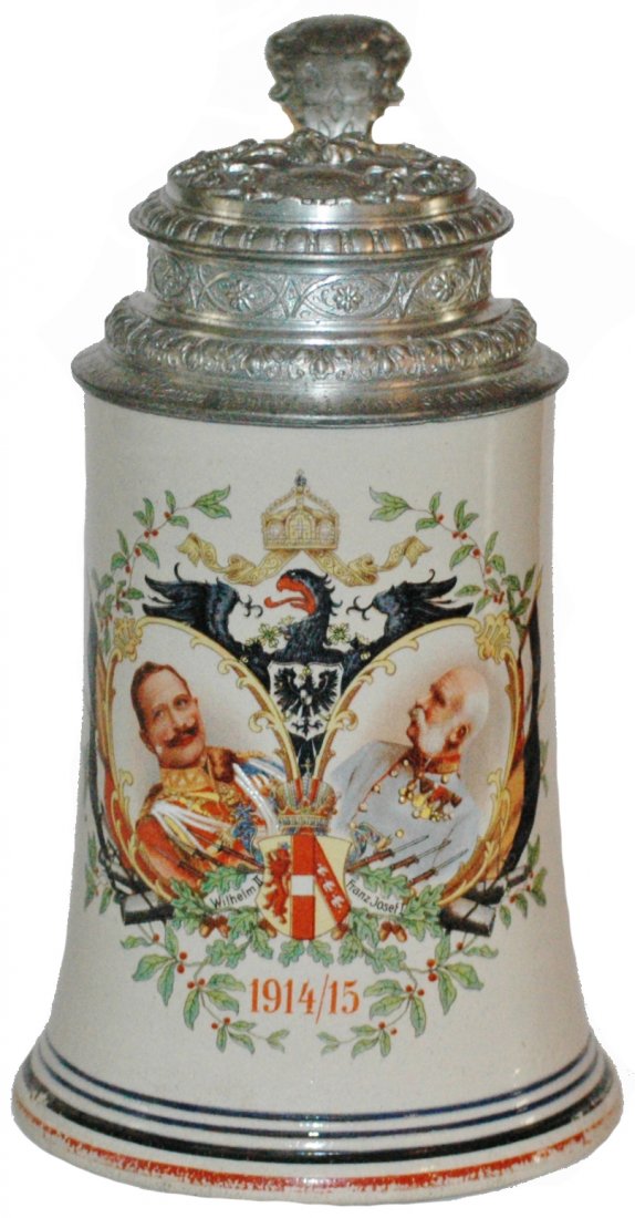 Wilhelm II & Franz Joseph POG Stein: Pottery POG 1/2L. Wilhelm II and Franz Joseph. Tang repair and base stripe wear.
