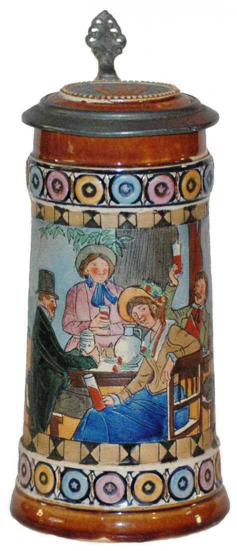 JW Remy Table Scene Etched Stein: Pottery JW Remy #1291 Etched 1/2L. Well dressed group at table.