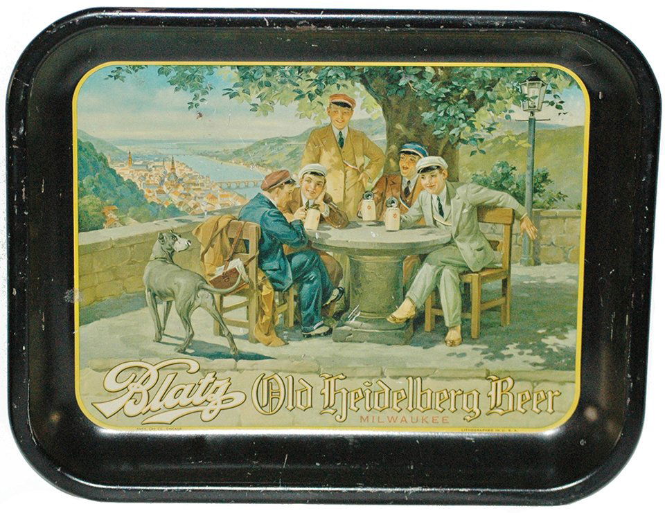 Blatz Milwaukee Old Heidelberg Beer Tin Tray: Vintage Tin Litho Brewery Tray. Blatz Milwaukee Old Heidelberg Bear. Minor wear.