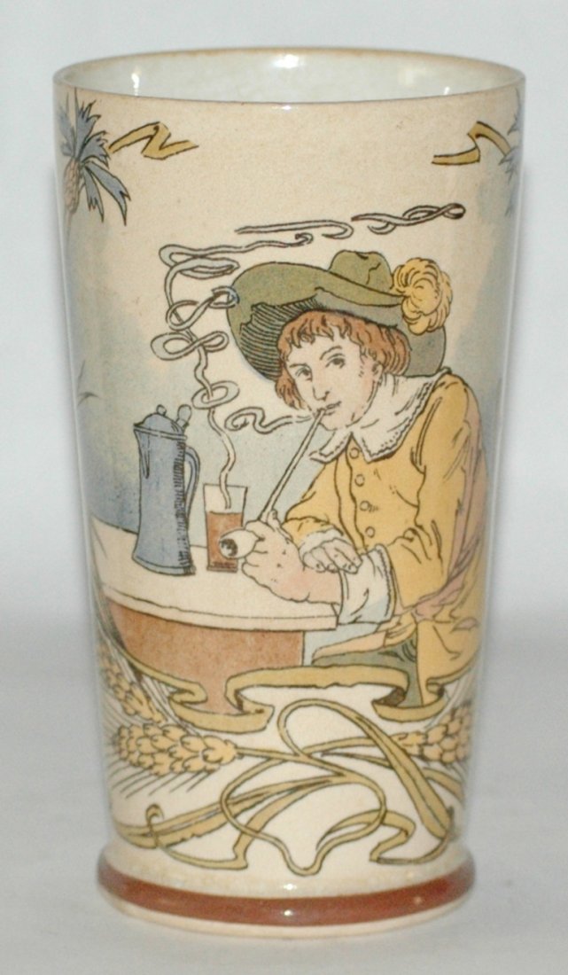 Pipe Smoking Man in Tavern Mettlach Beaker: Mettlach #2368/1095 PUG Beaker. Cavalier. Mint. $40-60