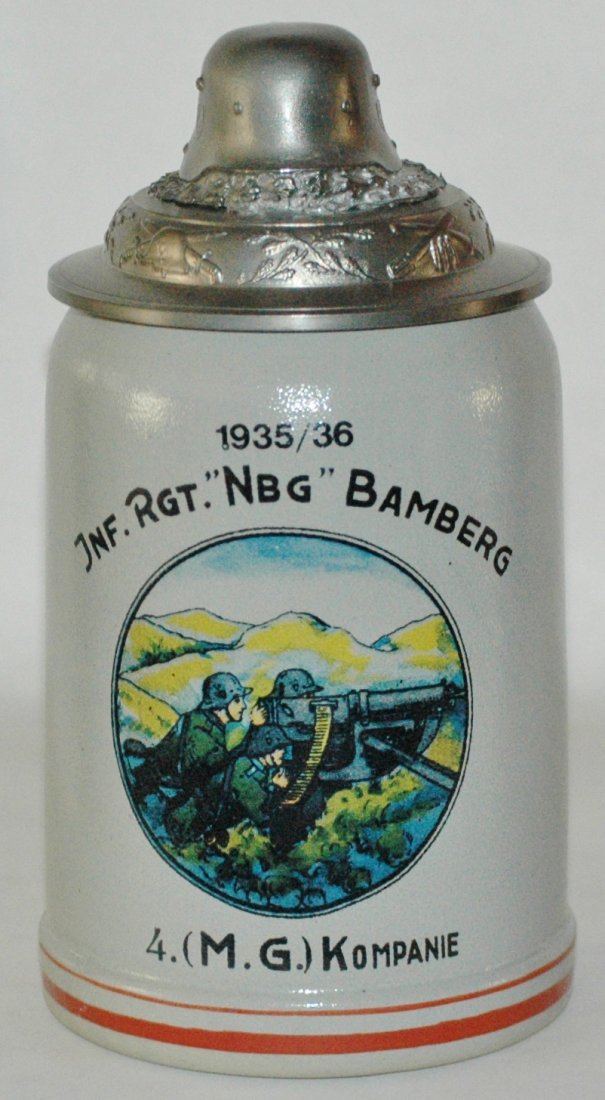Regimental Stoneware Stein w Helmet Lid: Stoneware POG 1/2L. “Inf. Rgt. NBG Bamberg 4. (M.G.) Kompanie 1935-36.” Helmet lid. New. Mint. $50-100
