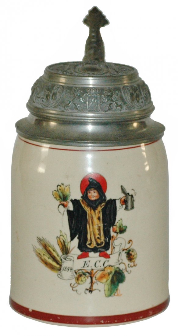 Munich Child w/ Dolphin Thumblift Stein: Pottery POG 1/2L. Munich Child. Fancy pewter relief lid. Dolphin thumblift.