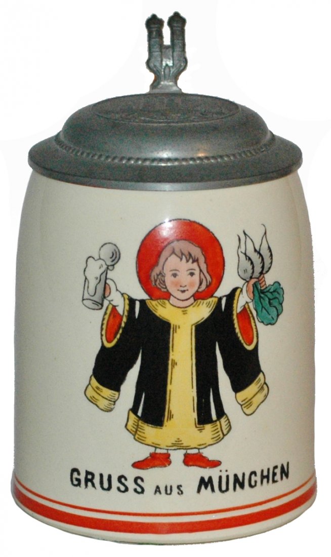 Munich Child & Relief Munich Lid POG Stein: Pottery POG 1/2L. Munich Child. Relief pewter Munich lid. Mint.