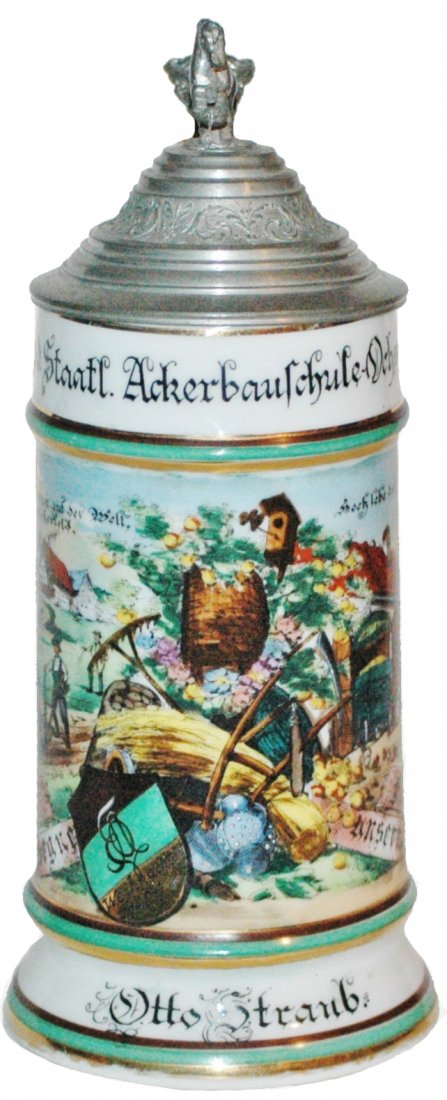 Farmer Occupational Commemorative Stein: Occupational Stein 1/2L Porcelain. Farmer, Otto Straub.” Commemorates Agriculture school in 1925-1926. Seven name roster back by handle. Mint.
