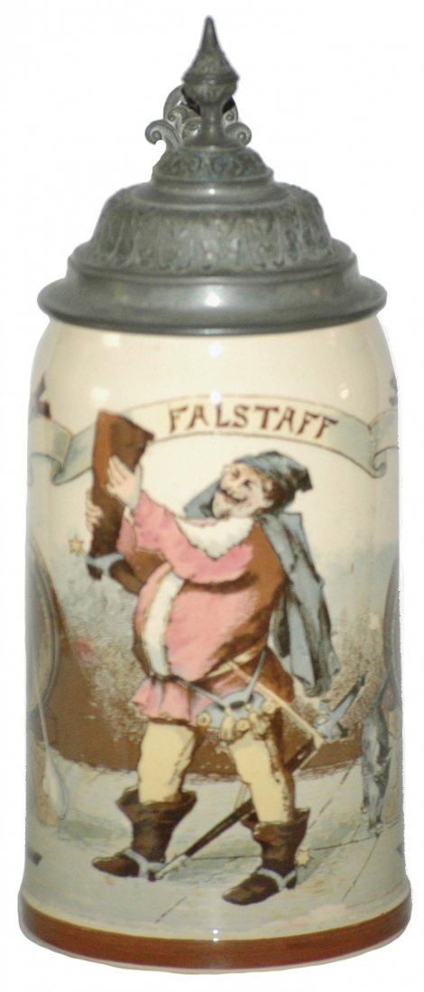 Falstaff Drinking From Boot Mettlach Stein: Mettlach #1909/983 PUG 1/2L. Falstaff drinks from large boot. Mint.