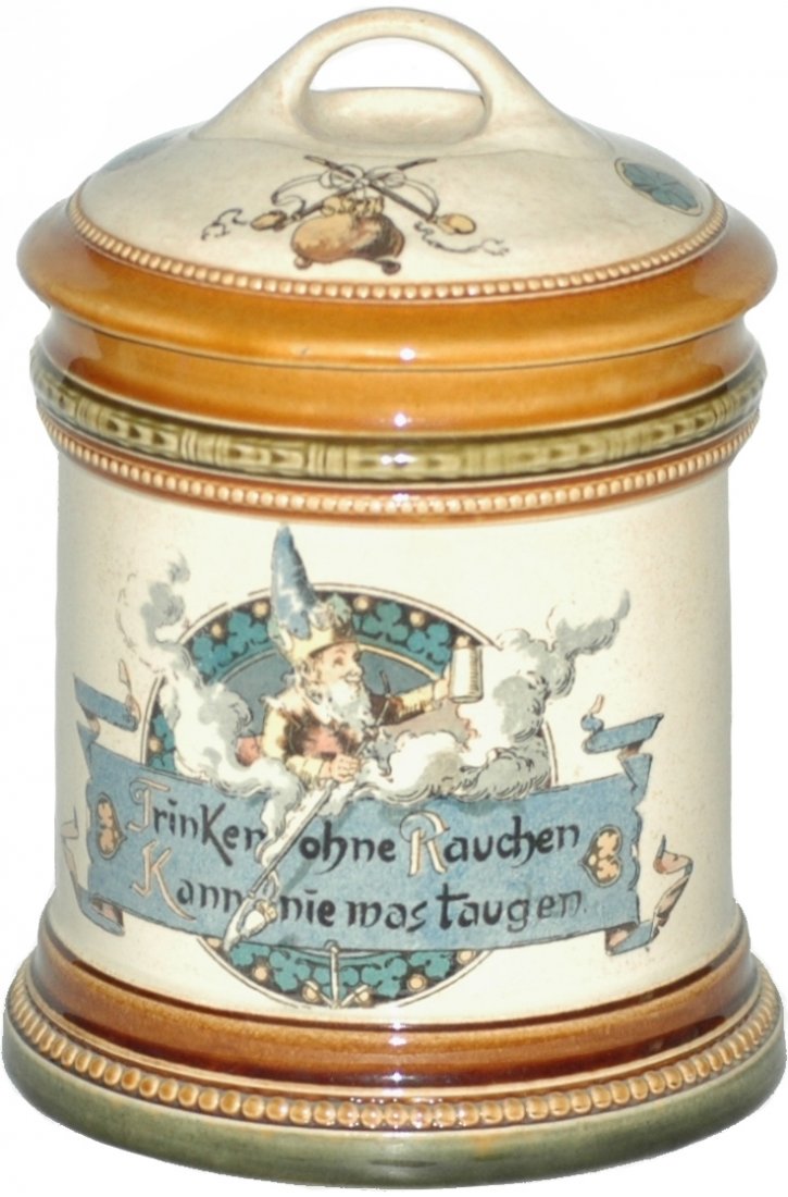 Mettlach Dwarves Tobacco Jar: Mettlach #3026/812 PUG 1/2L Tobacco Jar. Dwarves. Mint.