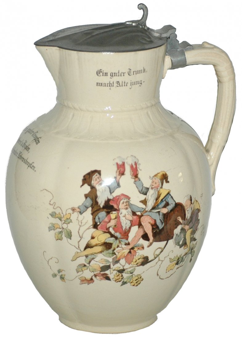 Drinking Dwarfs w/ Verse Mettlach PUG Stein: Mettlach #2332/1031 PUG 1 1/2L. Dwarfs drinking and verse. Mint.