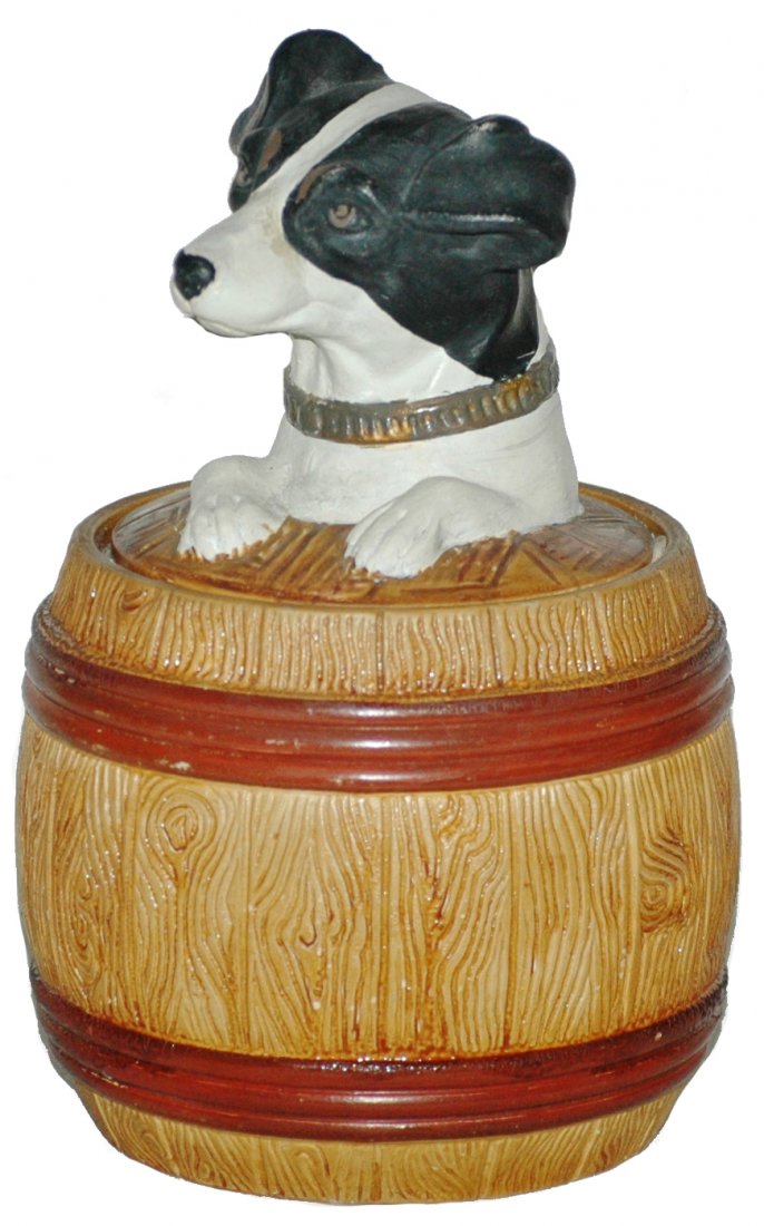 JM Terra Cotta Dog in Barrel Tobacco Jar: JM Terra Cotta Tobacco Jar. Dog in barrel.