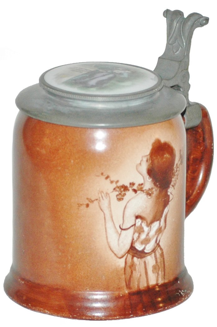 Art Nouveau Woman O'Hara Dial POG Stein: Pottery O’Hara Dial POG 1/2L. Art Nouveau woman. Inlay lid. Mint.