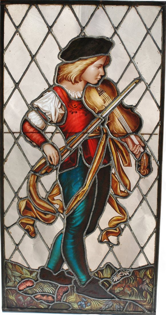 Stained Glass Boy Playing Violin 19" by 38" Window: Stained Glass 19” by 38” Window. Boy plays violin. Very good condition.