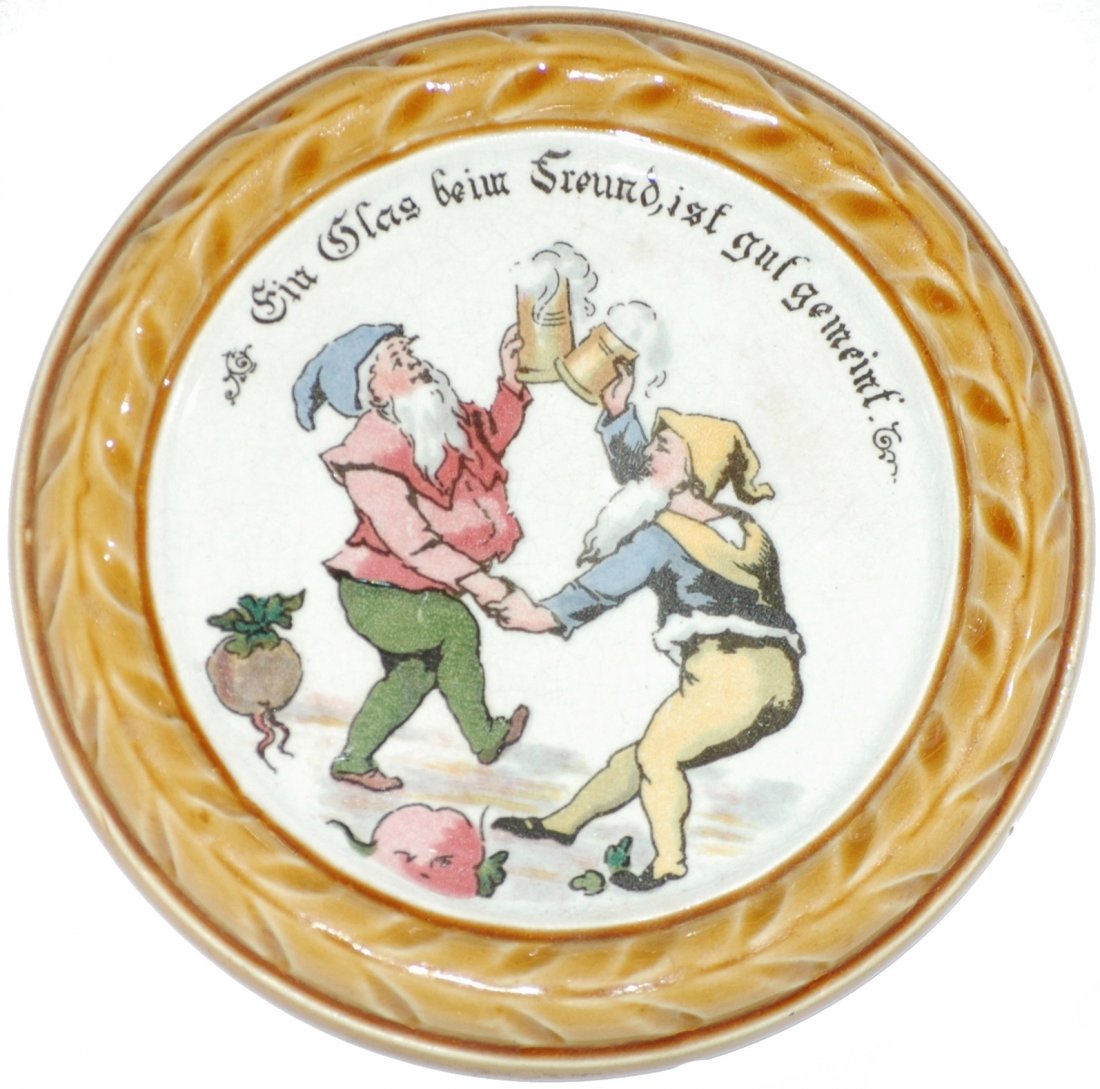 Mettlach PUG Dwarfs Toasting 5" Coaster: Mettlach #1032 PUG 5" Coaster. Dwarfs. Mint.