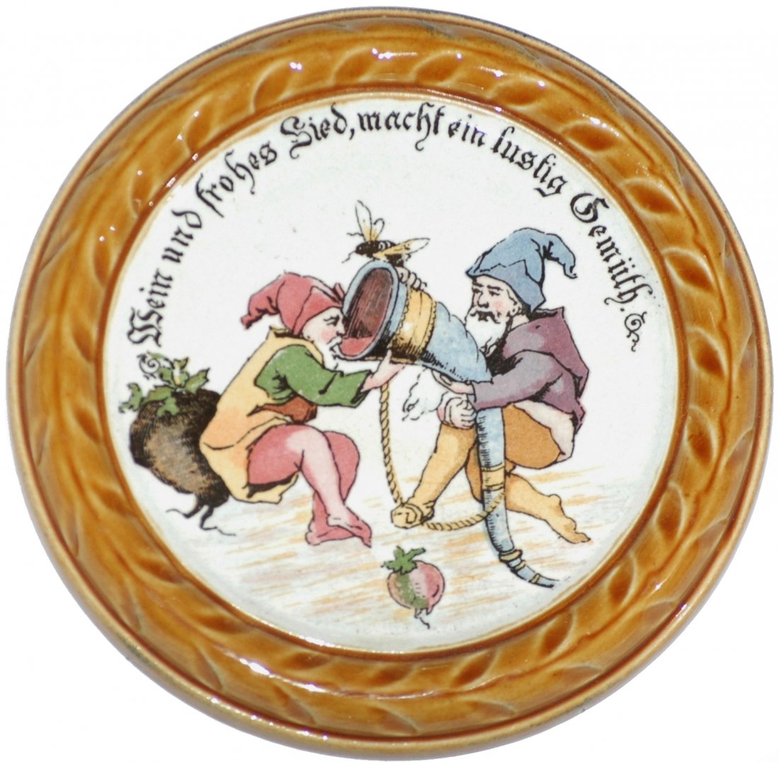 Mettlach PUG Dwarfs Drinking from Horn 5" Coaster: Mettlach #1032 PUG 5" Coaster. Dwarfs. Mint.