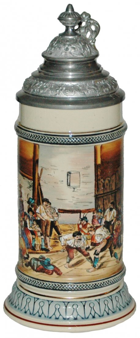 Wrestling Match Hanke Stein: Pottery Hanke POG 1/2L. Wrestling match with others watching. Mint.