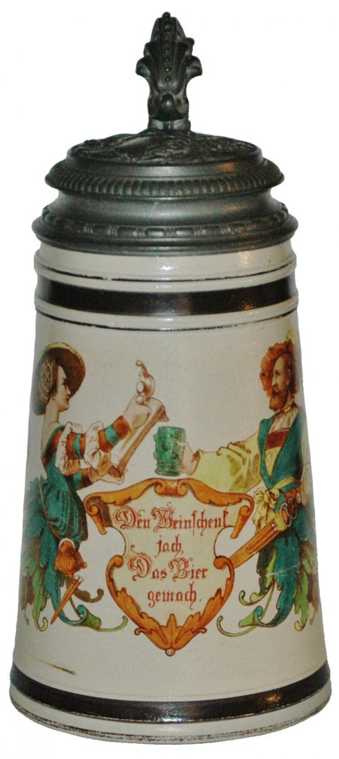 August Saeltzer 1L Cavalier Couple Stein: Stoneware August Saeltzer POG 1L. Cavalier couple and verse. Mint.