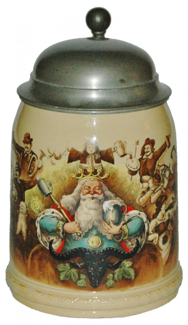 Gambrinus Munich Child & Drinkers Mettlach Stein: Mettlach #285 POG 1/2L. Gambrinus, Munich Child, artist and drinkers.