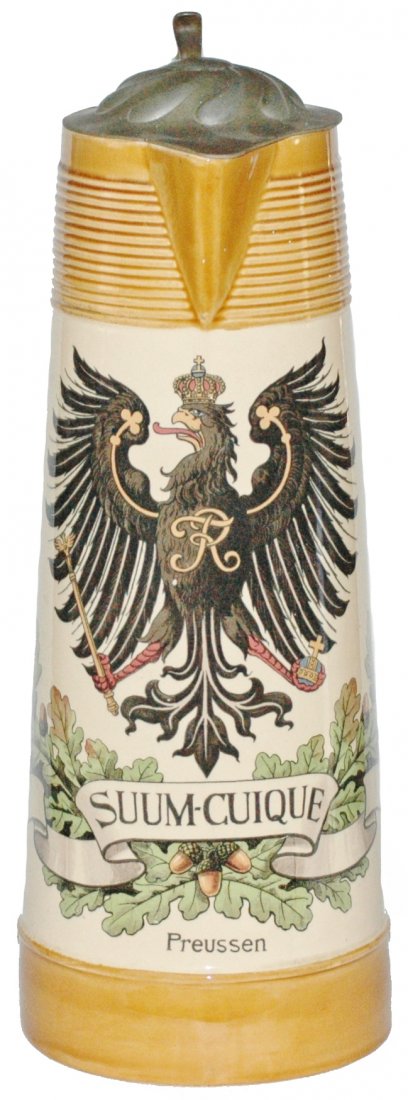 3 L Prussian Eagle Shield Mettlach Stein: Mettlach #2893/1290A PUG 3L. Preussen eagle shield. Mint.