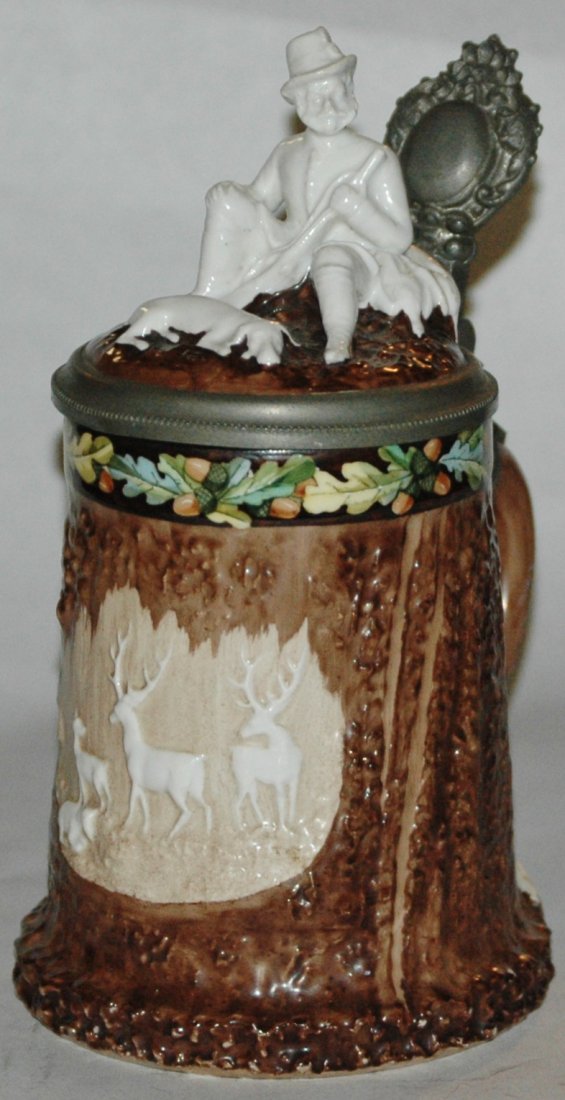 Stag Horn & Deer Stein w Hunter Inlay Lid: Porcelain Relief 1/2L. Stag horn design with deer. Figural hunter inlay lid.