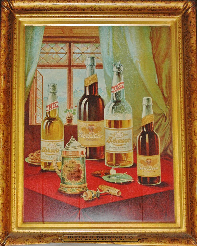 Buffalo Brewing Co Sacramento CA Tin Litho: Tin Litho 22” by 28”. “Buffalo Brewing Co. Sacramento Cal.” Bohemian Ale bottles. Very good condition.