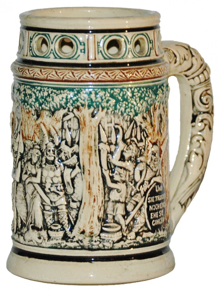 Dumler & Breiden Puzzle Jug Herman The German: Pottery Dumler & Breiden #158 Relief 1/2L Puzzle Jug. Hermann the German scene. Mint.