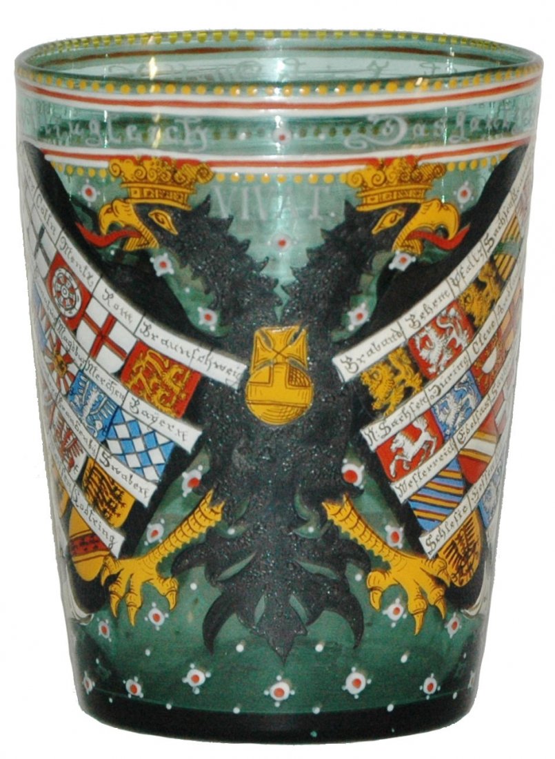 Egermann Eagle & City Shields Beaker: Blown Green Glass 6” Beaker. Enamel eagle and city shields. Egermann. Mint.