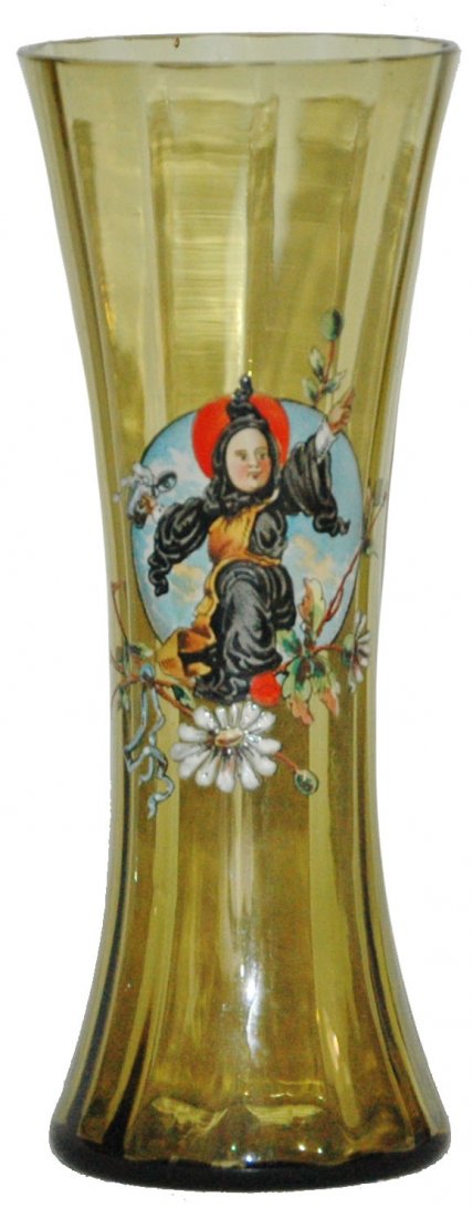 Munich Child Interior Fluted Glass: Blown Amber Glass 7” Beaker. Enamel Munich Child. Interior fluted body. Mint.