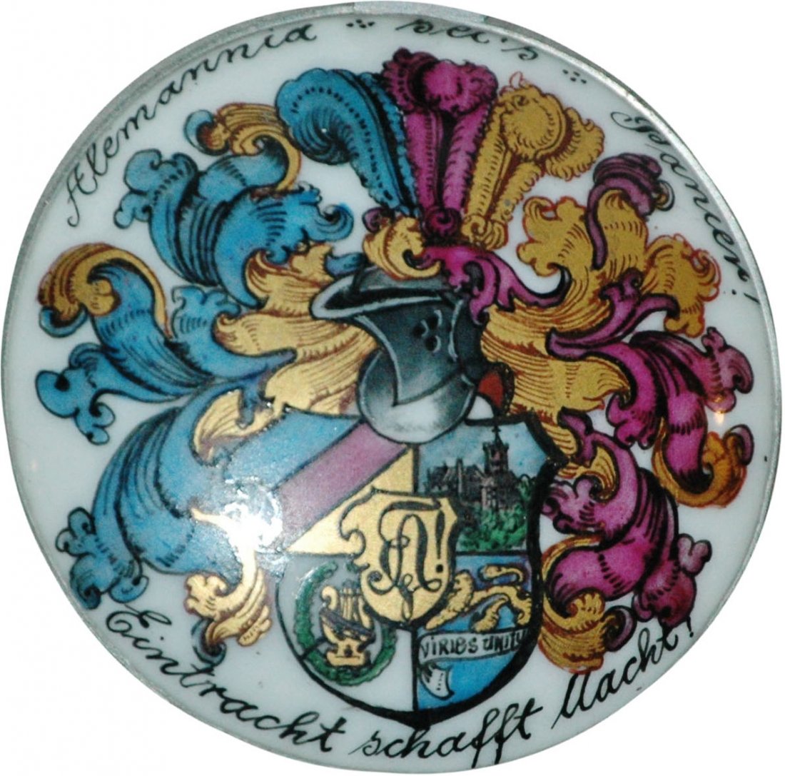 Dueling Fraternal Student Shield Inlay on Stein: Blown Glass 3/10L. Dueling fraternal student shield.