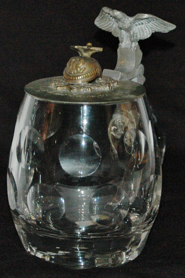 4/10 L Ulan Helmet Finial Circle Cut Glass Stein: Blown Glass 4/10L. Cut circle design. Ulan helmet finial. “Einj. Frein. Paulsen.” Mint.