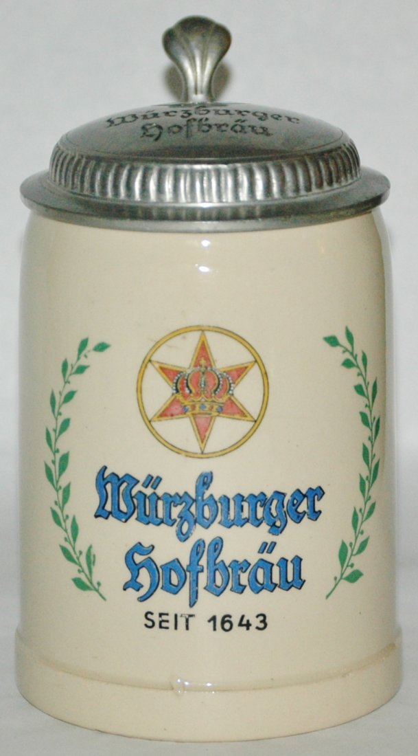 Wurzburger Hofbrau Stein with Logo Lid: Pottery POG 1/2L. “Wurzburger Hofbrau.” Matching logo lid. Mint.