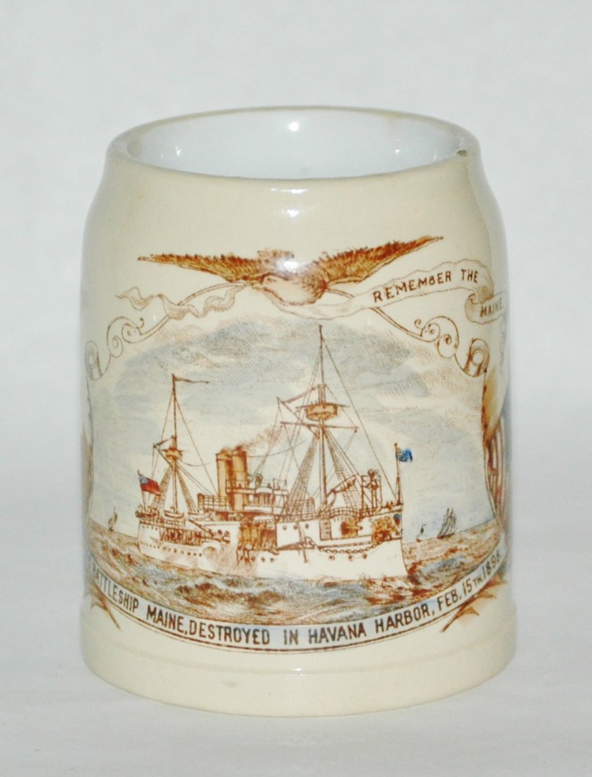 Remember the Maine POG Stein: Pottery POG 1/2L. “Remember the Maine, U.S. Battleship Maine, Destroyed in Havana Harbor Feb. 15th 1898.” Mint.