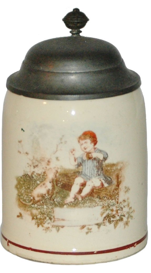 Child & Dog 1/8 L. Miniature Stein: Pottery POG 1/8L. Child and dog. Mint.