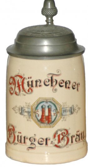 Munchener Burger Brau Brewery Stein w Matching Lid: Pottery POG 1/2L. “Munchener Burger Brau.” Matching brewery lid.