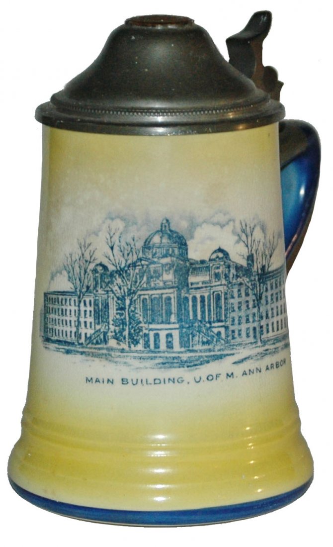 University of Michigan Ann Arbor Stein Columbia: Columbia Art Pottery POG 1/2L. “Main building, U. of M. Ann Arbor. School seal on top of pewter lid. Mint.