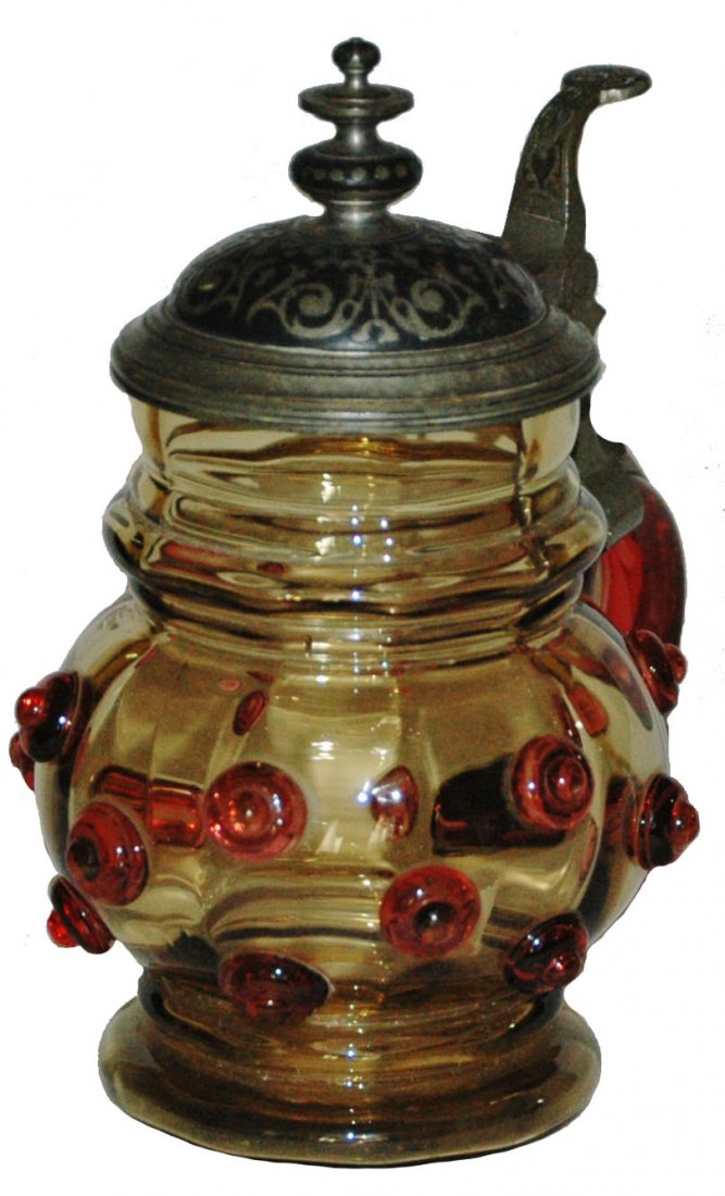 Green Glass Stein w Prunts & Enamel Lid: Blown Green Glass 1/2L. Applied cranberry prunts and handle. Enamel lid. Mint.