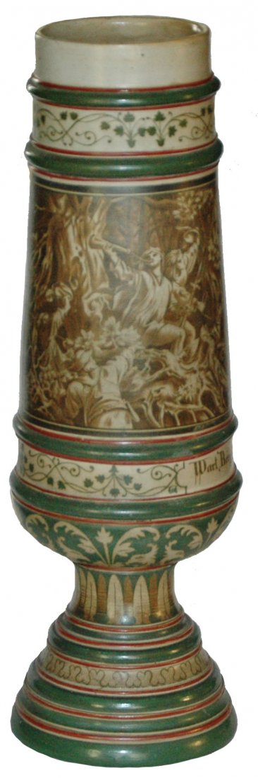 Wraped Hand Painted August Saeltzer Hunters Pokal: Stoneware Hand Painted August Saeltzer 17” Pokal. Hunters in forest scene wraps around entire body. Mint.