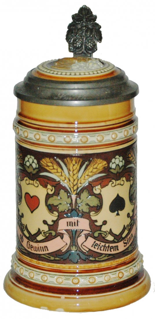 Suites of playing cards Etched Mettlach Stein: Mettlach #1395 Etched 1/2L. Suites of playing cards. Inlay lid. Mint.