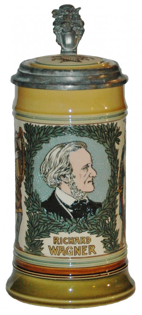 Richard Wagner Characters Mettlach Stein: Mettlach #2798 Etched 1/2L. Richard Wagner and characters from his operas. Inlay lid.