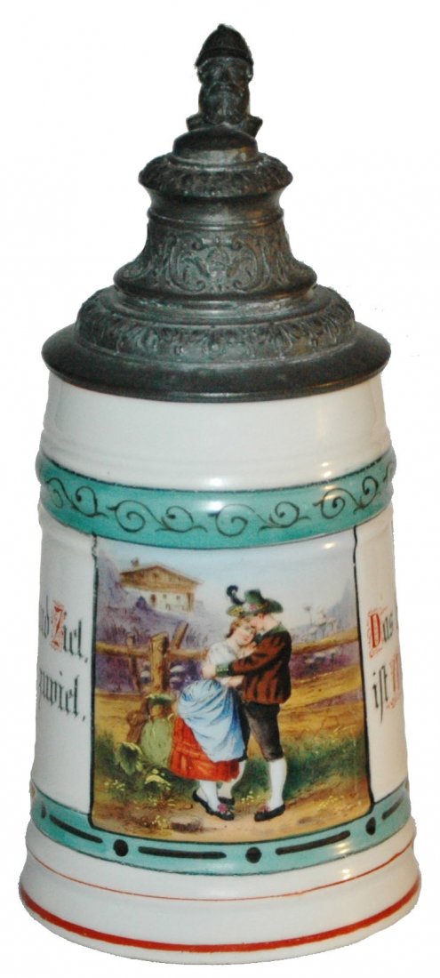 Alpine Couple & Verse August Saeltzer Stein: Porcelain August Saeltzer POG 1/2L. Alpine couple with fancy verse on both sides. Detailed soldier head thumblift.