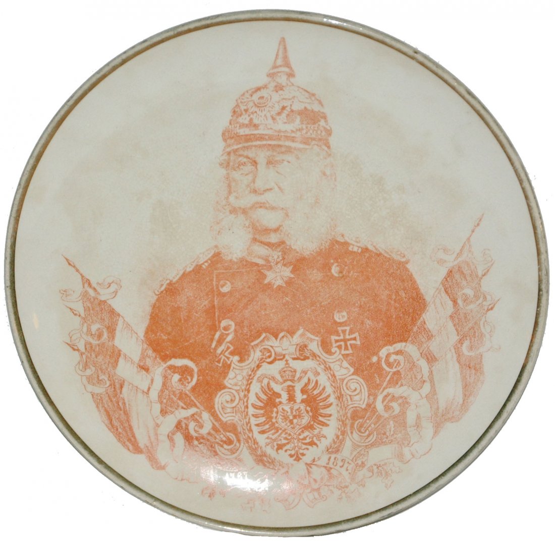 Mettlach Plaque of Wilhelm I in Uniform: Mettlach #1044 POG 8 1/2L Plaque. Wilhelm I in uniform. Minor staining.