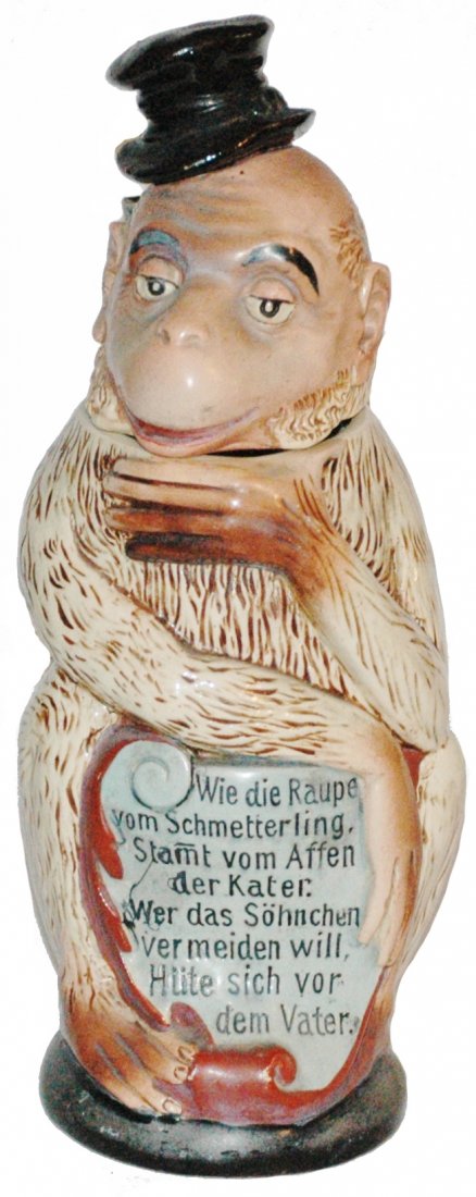 Monkey w Top Hat Character Stein: Character Stein 1/2L Pottery #1261. Monkey with a top hat. Mint.