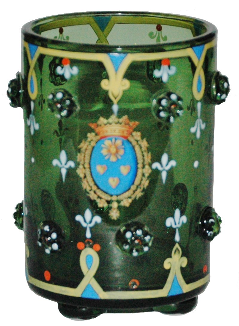 3 Ball Feet Enamel Shield Egermann Beaker: Blown Glass 4 1/4” Beaker. Enamel shield and floral. Three ball feet. Egermann. Mint.