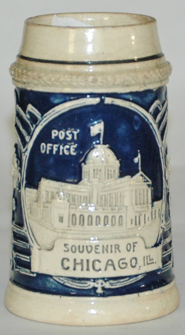 Chicago Illinois Post Office Souvenir Stein: Pottery Relief 1/8L. Chicago, IL. Post Office. Mint.