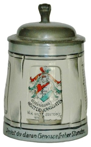 Student Shield & Roster 1913-1914 Stein: Pottery POG 1/2L. Student shield and roster. “Vereinigung der Meister Kandidaten W.H. 1913-1914.”