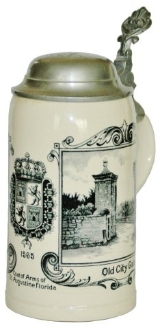 St Augustine Coat of Arms Mettlach Souvenir Stein: Mettlach #1909 PUG 1/2L. St Augustine coat of arms, Old City Gate, and Fort Marion. Uncommon.
