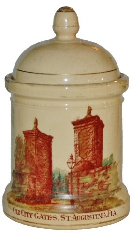 St Augustine Vintage Souvenir Humidor: Pottery POG 3/4L Humidor. “Old City Gates, St. Augustine, Fla. Mint.