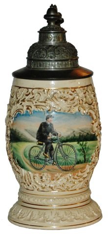 Bicycle Rider Stein w Fancy Lid: Pottery POG 1/2L. Bicycle rider. Fancy lid. Mint.