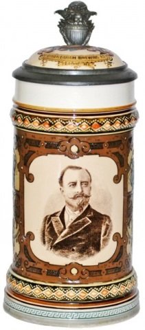 Anheuser Busch Brewery Mettlach "A" & Eagle Inlay: Mettlach #2136 Etched & PUG 1/2L. Anheuser Busch Brewery. Flying “A” and eagle inlay lid.
