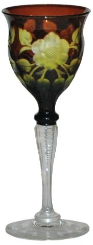 Purple & Yellow Wheel-cut Overlay Goblet: Blown Overlay 7 1/2” Goblet. Amethyst over yellow. Clear stem. Intaglio floral wheel-cut design. Mint.