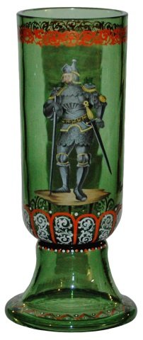 Enameled Knight Green Glass Beaker: Blown Green Glass Beaker. Enameled knight. Mint.