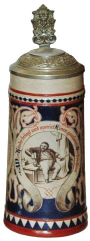 August Saeltzer Hand Painted 3 Scene 1L Stein: Stoneware Hand Painted 1L. August Saeltzer. Three drinking scenes. Mint.