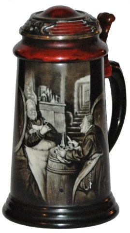 Lenox Monks Stein w Tiffany Mixed Metal Lid: Porcelain Lenox POG 1/2L. Monks in wine cellar. Mixed metal Tiffany lid. Mint.
